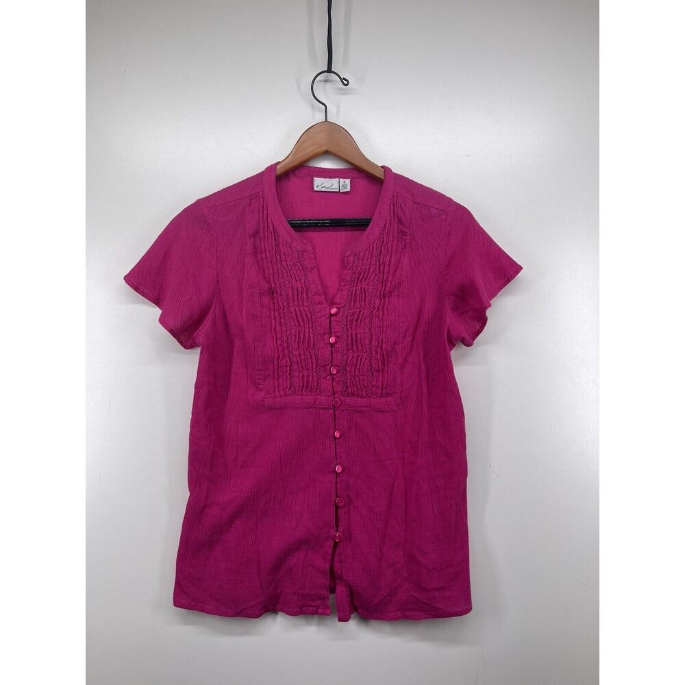 Kim Rogers Pink Button Up Shirt Top Honeycomb Knit Detail Short Sleeves Sz M